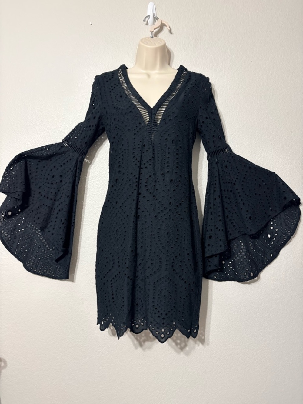 Ministry of Style Black Eyelet V-Neck Mini Dress with‎ Dramatic Bell Sleeves 2